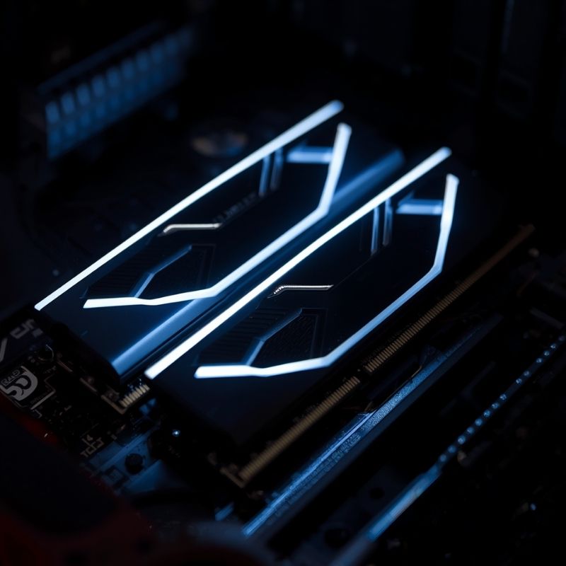 High speed DDR5 memory RAM sticks installed in a premium gaming motherboard.