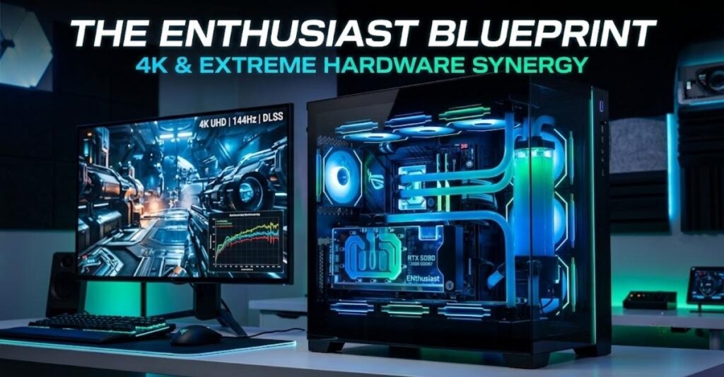 Custom water-cooled enthusiast PC build with RTX 5090 and 4K gaming monitor showing hardware bottleneck metrics.