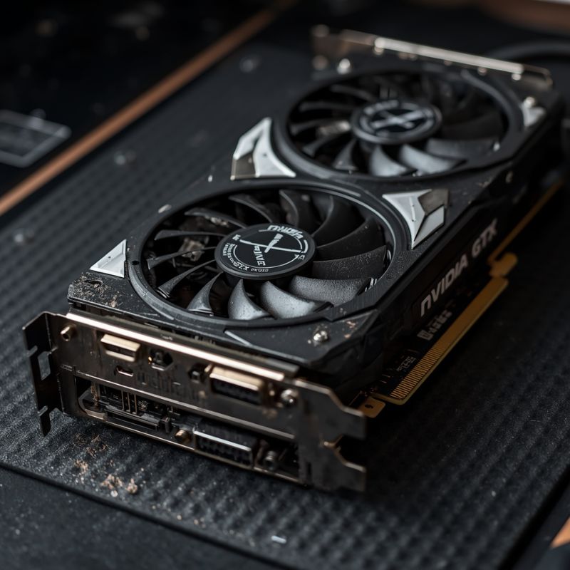 An older generation entry-level NVIDIA GTX graphics card on a workbench.