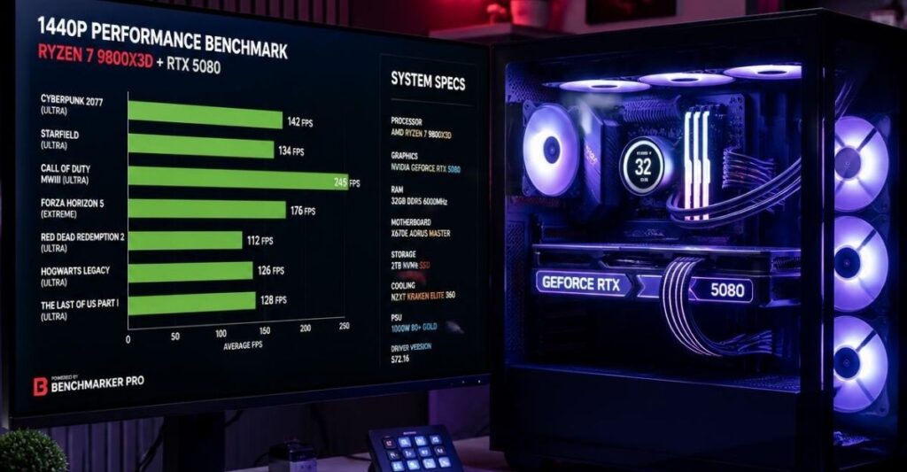 Custom high-end gaming PC featuring an RTX 5080 and Ryzen 7 9800X3D on a desk showing 1440p bottleneck benchmark graphs.