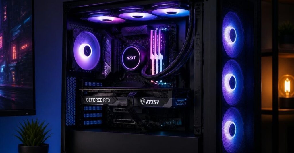 Illuminated mid-range 1440p gaming PC build showcasing optimal hardware synergy and airflow.