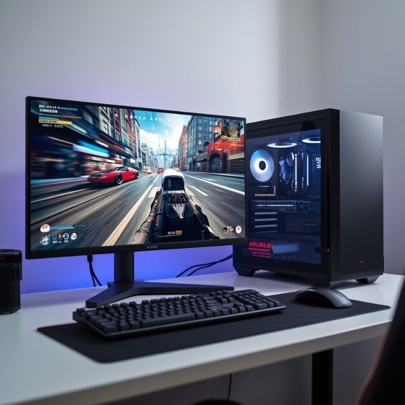 A 24-inch 1080p eSports monitor and gaming PC setup on a clean desk.