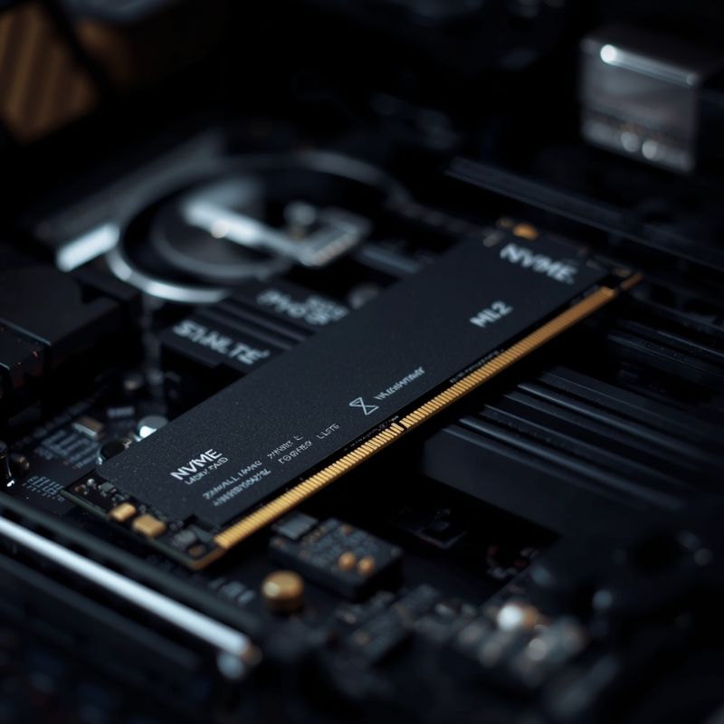 A high-speed NVMe M.2 SSD drive placed on a computer motherboard.