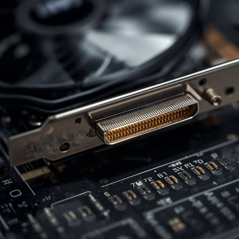 The PCIe connector pins on a graphics card interacting with a computer motherboard.
