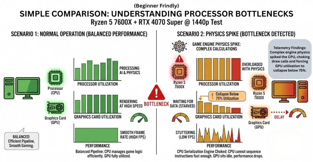 A side-by-side comparison graph showing a balanced PC workload versus a CPU bottleneck caused by a physics spike, featuring a Ryzen 5 7600X and RTX 4070 Super.
